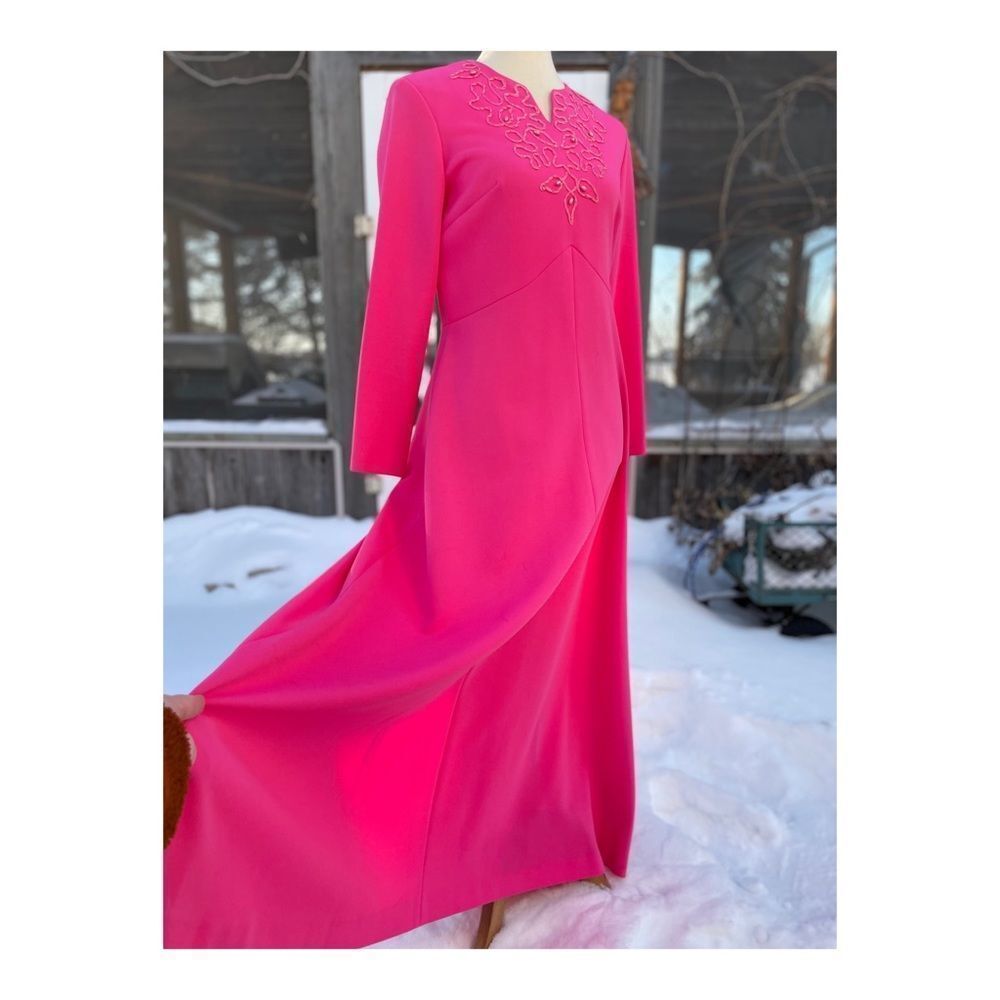 True Vintage Hot Pink Maxi Dress Long Sleeve Soutache Neckline Detail Fitted